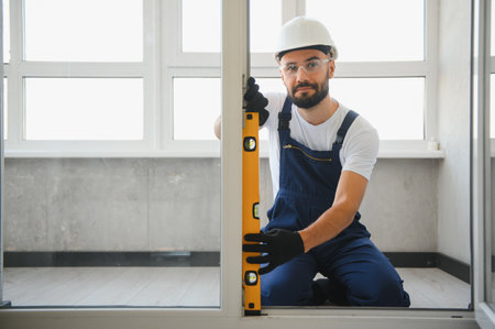 Workman in overalls installing or adjusting plastic windows in the living room at home.