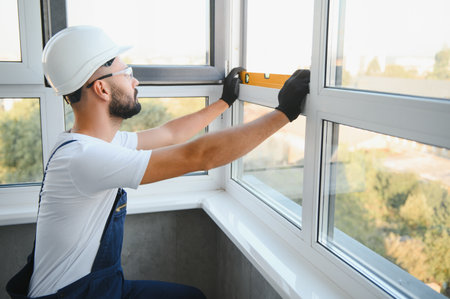 Worker installing plastic window indoors.の写真素材