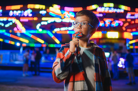 A child eating a colorful lollipop standing against the background of a carousel in the evening at an amusement parkの写真素材
