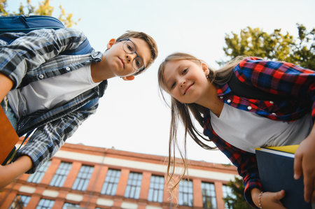 Happy schoolchildren near the school. A boy and a girl are primary school students. School friendship.の写真素材