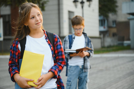 back to school, a girl goes to school with a backpack or briefcase and books in her hands, a schoolgirl near school in September.の写真素材