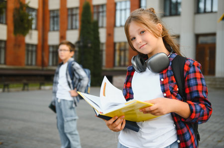 Cute girl reading a book near school. A child in the schoolyard during recess reads a school textbook. Back to school. Reading and learning in first grade.の写真素材