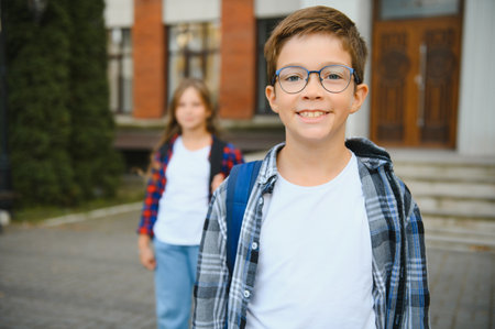 Back to school. Pupil of primary school on the way to study. Little first grader in glasses and with school bag. Beginning of lessons. First day of fall. Boy outdoors near school building.の写真素材