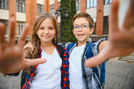 Happy children near the school. Friends boy and girl together in the school yard.の写真素材