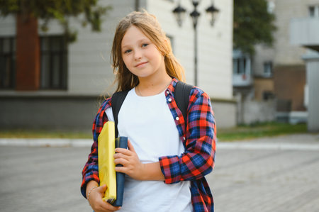 Little schoolgirl with backpack and books near school.の写真素材