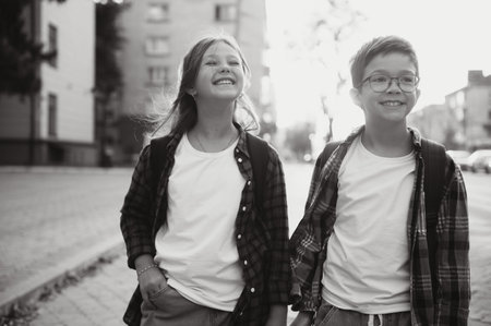 School friends, a boy and a girl spend time together near the school.の写真素材