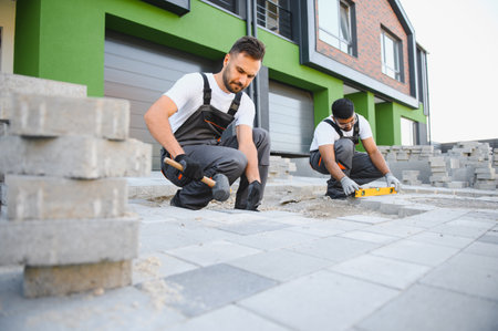 A group of multiracial workers lay paving stones on a sidewalk near a house.の写真素材