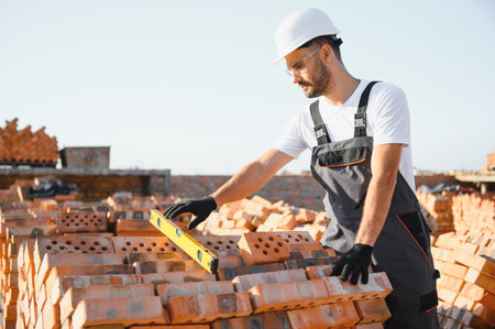 Installing brick wall. Construction worker in uniform and safety equipment have job on building.の写真素材
