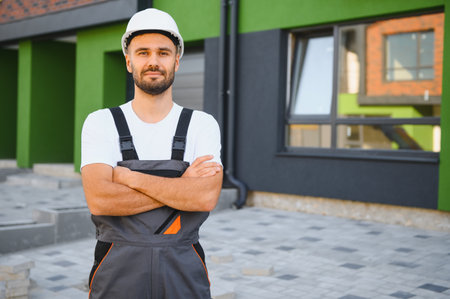 A young professional builder works near the built cottages. Concept of affordable family housing.