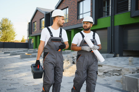 A team of professional builders stand near the newly built cottages. Townhouse.の写真素材