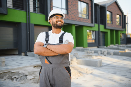 Professional plumber and repairman stands in the background of the cottage. The concept of the job of a repairman or plumber. hire contractors onlineの写真素材