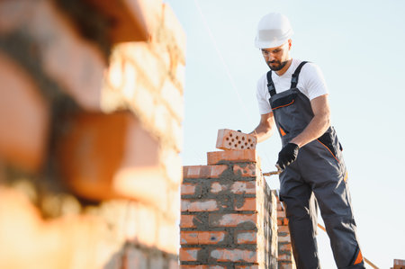 Installing brick wall. Construction worker in uniform and safety equipment have job on building.の写真素材