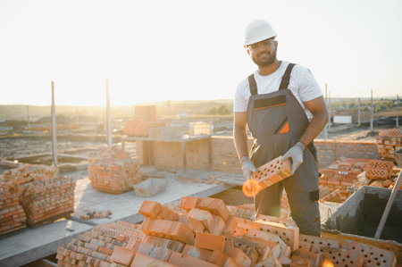 Portrait of an Indian construction worker in overalls and a hard hat at a construction site.