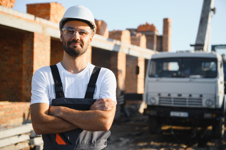 Portrait of a builder in the process of working on a construction site outdoors.