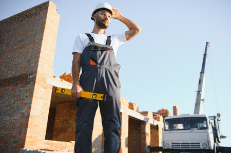 Construction worker in uniform and safety equipment have job on building.の写真素材
