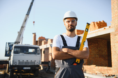 Construction worker in uniform and safety equipment have job on building.の写真素材