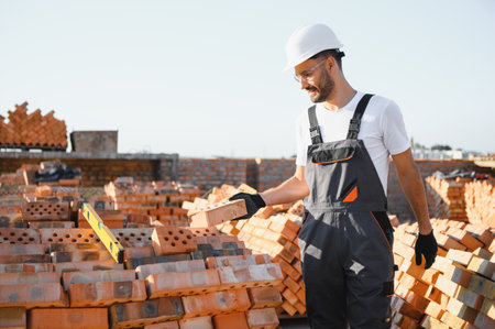 Construction worker in uniform and safety equipment have job on building.の写真素材