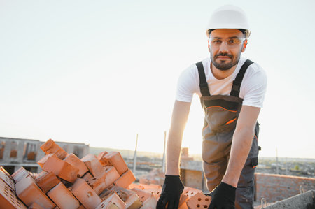 Installing brick wall. Construction worker in uniform and safety equipment have job on building.