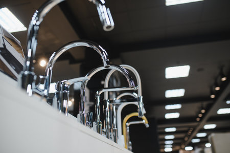 Rows of new faucets in plumbing shop.
