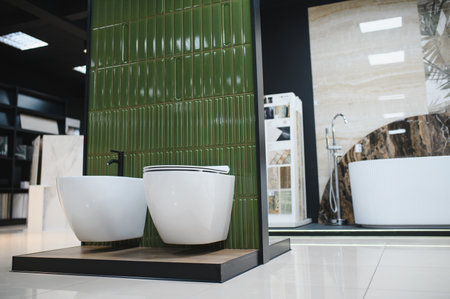 Hardware store. Furniture and accessories for the bathroom. Shower cabins, bedside tables, mirrors, toilets and more in the exhibition hall.の写真素材