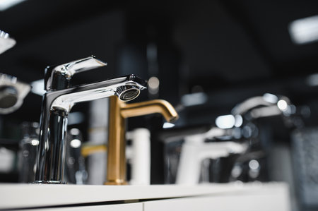 Rows of new faucets in plumbing shop.の写真素材