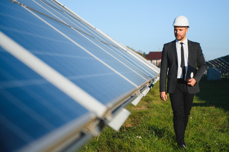 Portrait of a successful businessman or engineer inspecting the operation of solar panels. The concept of green energy.の写真素材