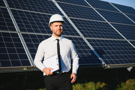 Man in business suit, solar panels on backstage. Client in white helmet standing at solar energy...