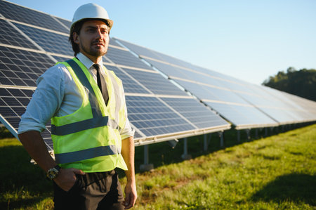 The solar farm, solar panel with engineer check the operation of the system, Alternative energy to...