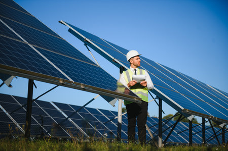 Businessman or engineer standing near solar panels.の写真素材