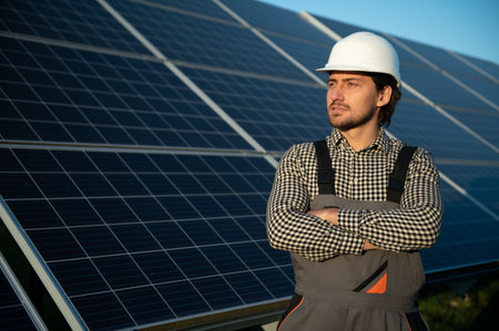 Worker installing solar panel on metal beams at sunny daytime. Renewable and ecological energy. Idea of environment safe. Modern technology and innovation. Man wearing workwear and helmet.の写真素材
