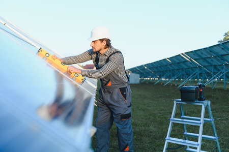 Worker installing solar panels outdoors.の写真素材