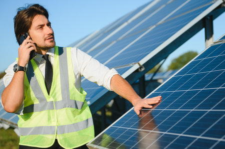 Solar power plant. Man standing near solar panels. Renewable energy.の写真素材
