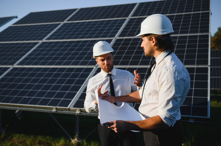Project manager discuss with worker installation process of solar panel.