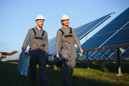 Two skilled workers or craftsmen wearing working gray uniforms, technicians are installing solar panels on a solar farm for clean energy and electricity supply.の写真素材