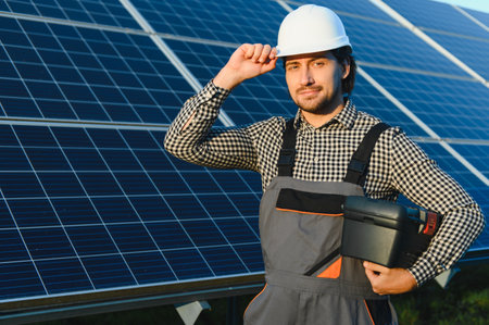 Worker installing solar panels outdoors.の写真素材