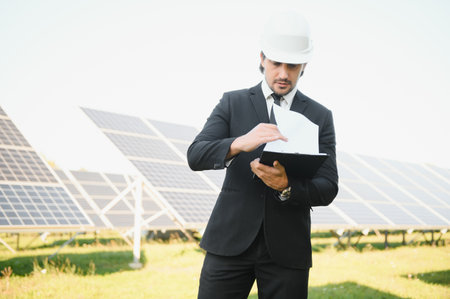 Solar power plant. Man standing near solar panels. Renewable energy.の写真素材
