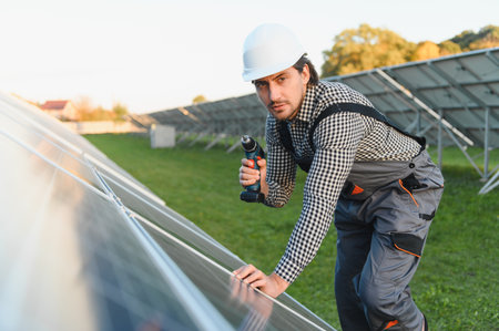 Man installer installing photovoltaic solar modules. Concept of alternative and renewable energy.の写真素材