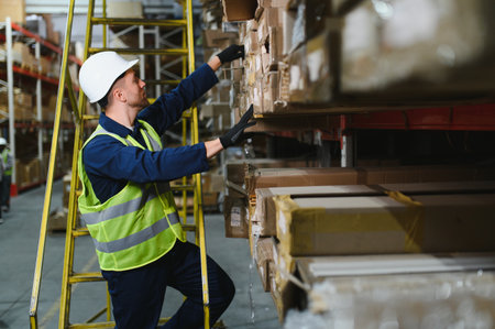 Warehouse, shipping and man walking in a distribution, freight and supply chain company. Worker,...