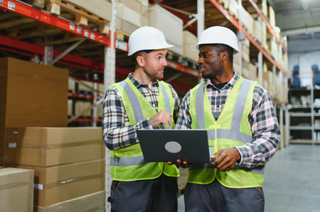 Two professional warehouse workers stand between shelves of products.の写真素材