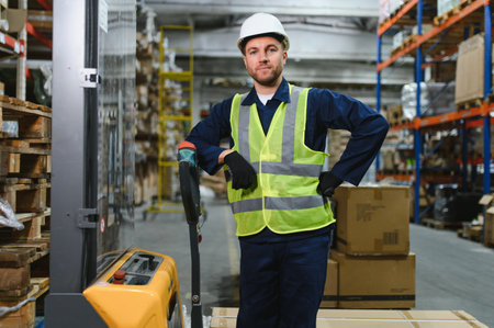 portrait of a smiling young warehouse worker working in a cash and carry wholesale store.の写真素材