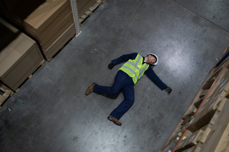 Warehouse Worker Has Work Related Accident Falls while Trying to Pick Up Cardboard Box from the Shelf. Injury at Work.の写真素材