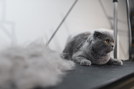 Cat grooming in pet beauty salon. Grooming master cuts and shaves a cat, cares for a cat. The vet uses an electric shaving machine for the cat.の写真素材