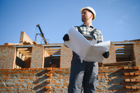 An architect or engineer on the construction of brick houses holds the construction plan in his...