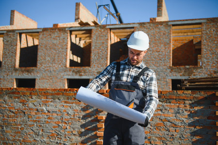 Construction worker in uniform and safety equipment have job on building.