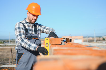 Bricklayer industrial worker installing brick masonry on exterior wall with trowel putty knife.