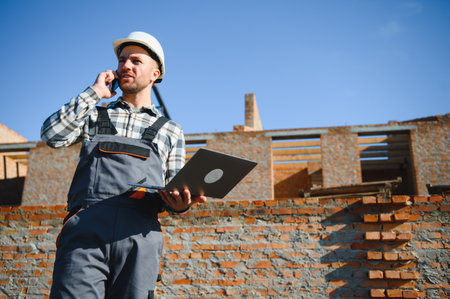 Engineer, bearded man wears safety helmet inspecting housing development project at construction site using laptop computer. Contractor manager examining residential building estate infrastructure.の写真素材