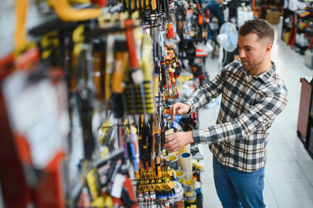 A man in a hardware store choosing a tool.