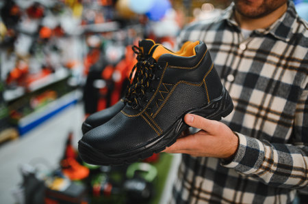 a man in a hardware store chooses safety shoes for construction work.の写真素材