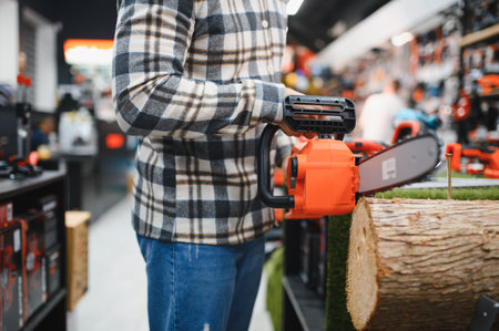 Man is choosing electric saw in tools store.の写真素材