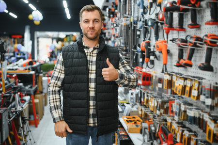 Confident smiling salesman on foreground in power tools store. Guy is ready to help clients on background.の写真素材